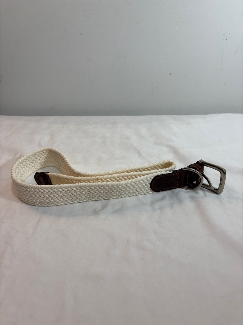 Limited Women’s Woven Cream Braided Belt with Brown Leather Trim. 0279